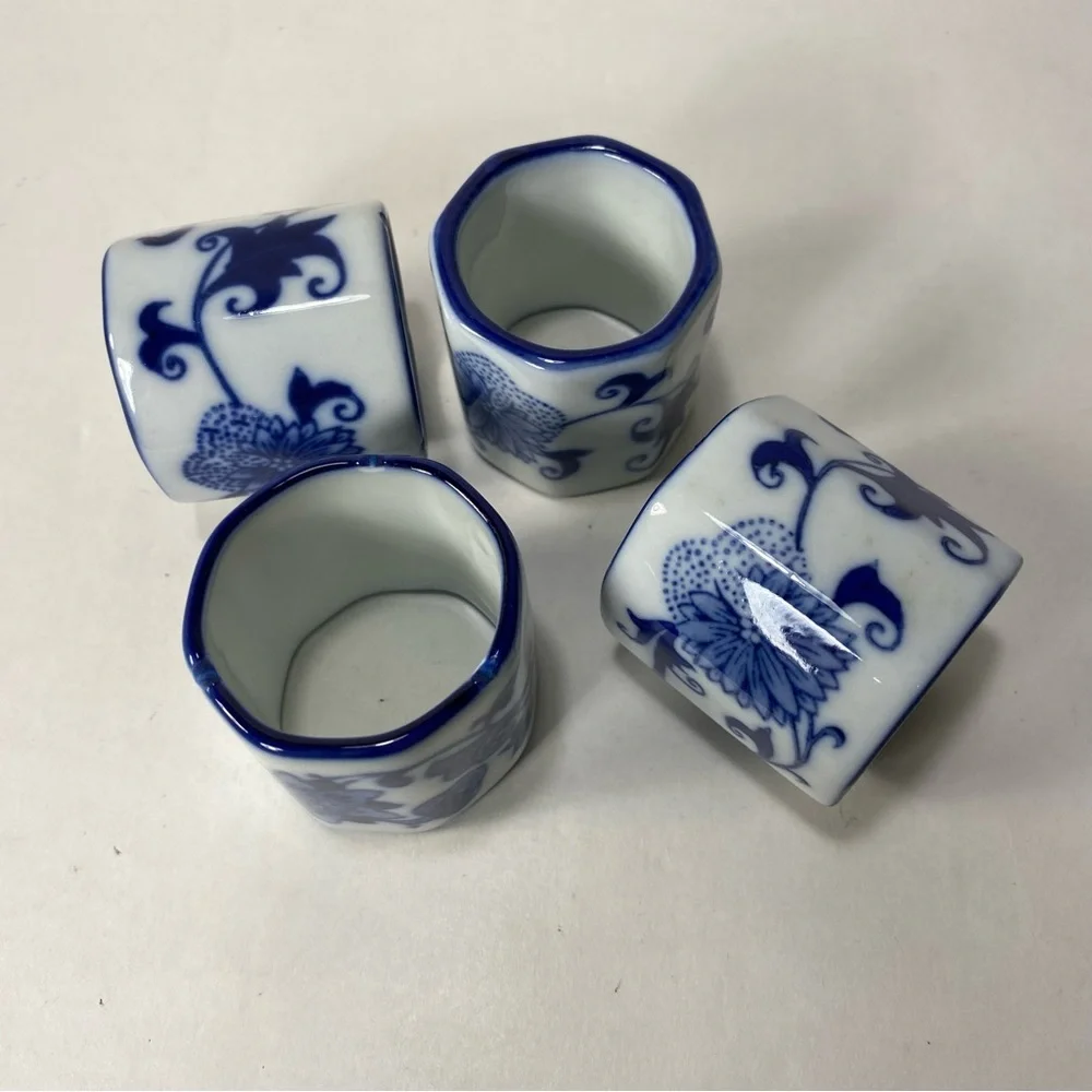 4x Pier 1 Mandarin Blue White Porcelain Napkin Ring Holders